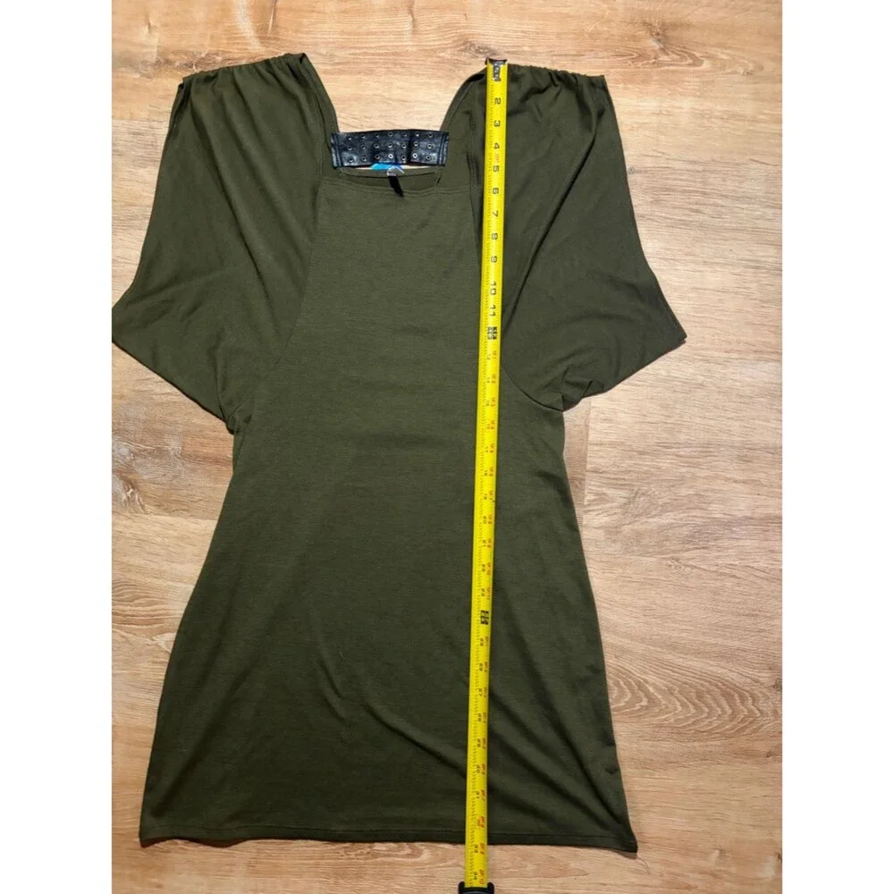 Y2K Olive Green Square Neck Leather Grommet Strap Party Club Dress